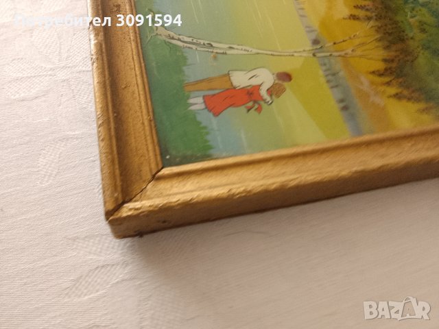 красива картина пейзаж рисувана от вътрешната страна на стъклото със дървена винтидж рамка , снимка 4 - Антикварни и старинни предмети - 44398853