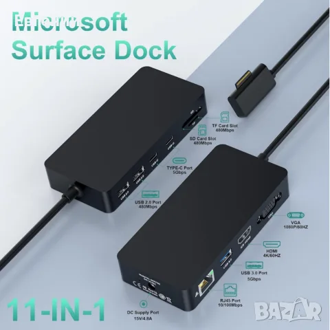 Microsoft Surface Dock с три дисплея (4K HDMI + VGA), 11 в 1 докинг станция Surface Pro със захранва, снимка 2 - Кабели и адаптери - 55906807