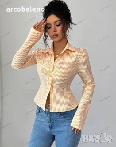 Дамска раирана риза с дълъг ръкав и копчета, 9цвята , снимка 9 - Ризи - 51502214