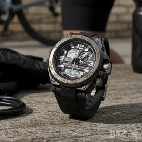 Спортен аналогово-дигитален мъжки часовник с подсветка, аларма и водоустойчив корпус