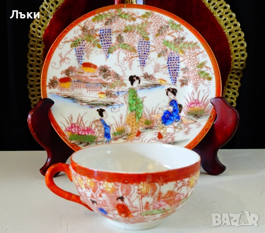 Чаша с чиния японски порцелан яйчена черупка,злато. , снимка 2 - Антикварни и старинни предмети - 53658918