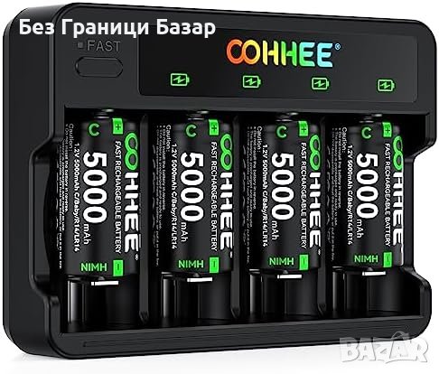 Ново Зарядно OOHHEE 4xC Батерии LED Индикатор Бързо Зареждане