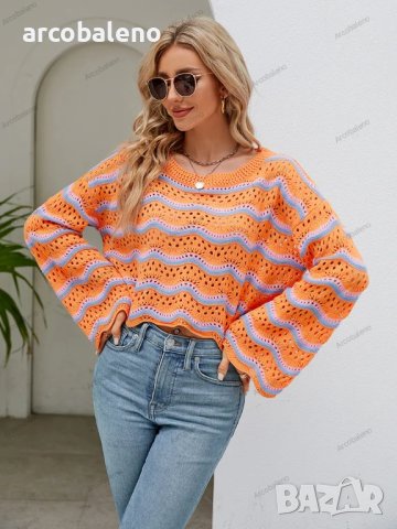 Дамски моден пуловер с дълги ръкави и кръгло деколте на райета, 2цвята - 023, снимка 9 - Блузи с дълъг ръкав и пуловери - 42305036