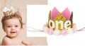 1 година годинка рожден ден бебе детска синя розова златна сребърна корона лента за глава от филц, снимка 4
