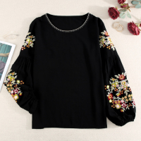 Дамска блуза в черно с дълъг ръкав и бродерия с цветя, снимка 11 - Блузи с дълъг ръкав и пуловери - 44631746