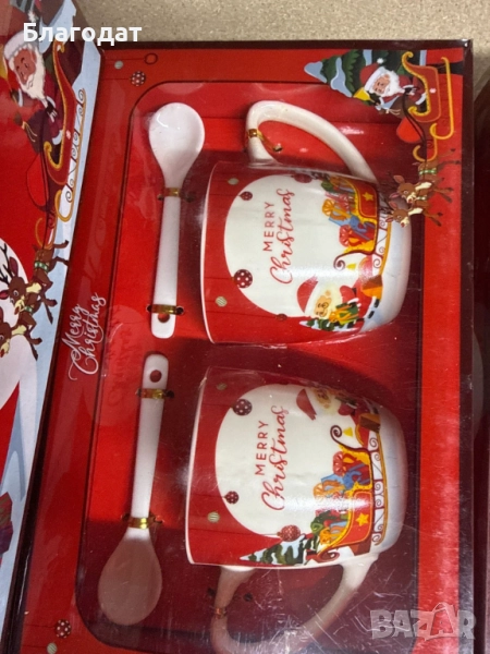 Комплект от 2 керамични чаши с лъжица, коледна тематика, опаковани в подходяща кутия, снимка 1
