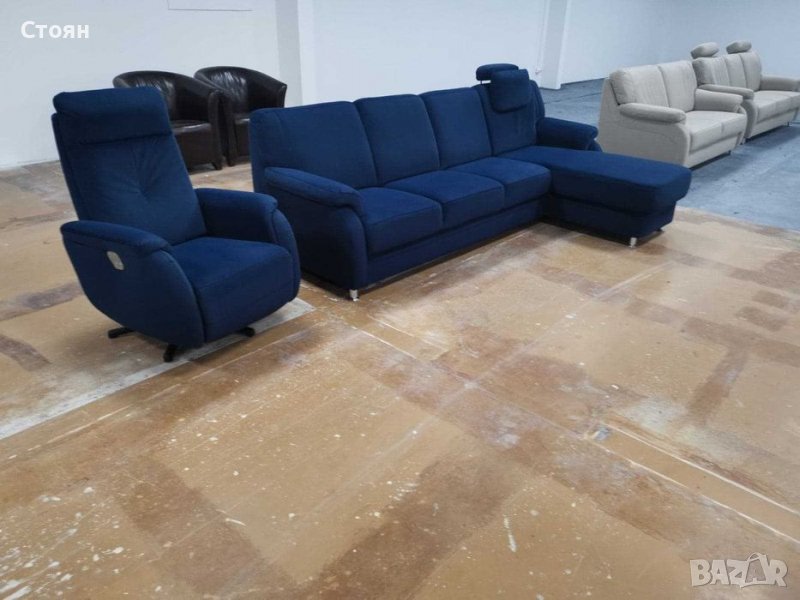 Нов Син ъглов диван и фотьойл релакс "Tyler" от плат, снимка 1
