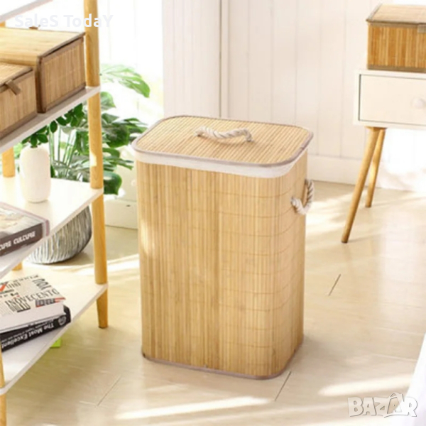 Кош за дрехи, бамбуков кош за пране с капак, 40x30x60 см, снимка 1