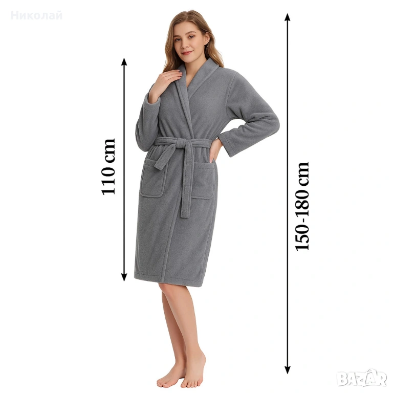 Дамски хотелски халат, класически, удобен, топъл, с връзки, мек, сив, снимка 1