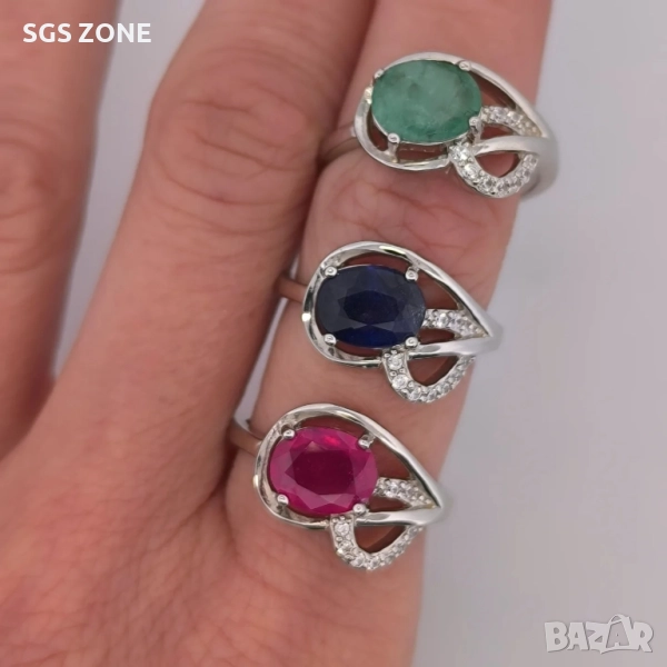 СРЕБЪРЕН ПРЪСТЕН СЪС СИН САПФИР, РУБИН, ИЗУМРАД И ТАЙЛАНД, снимка 1