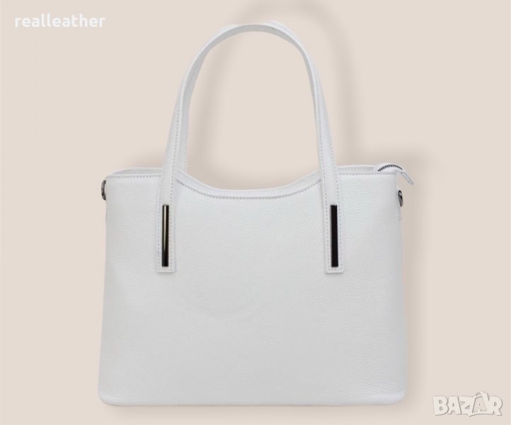 Голяма дамска чанта от естествена кожа в бял цвят, снимка 1