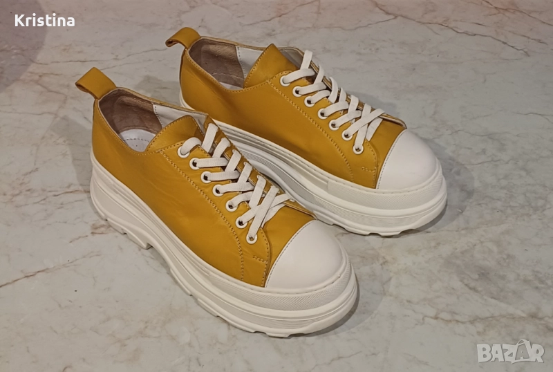 Обувки от естествена кожа в патешко жълто, снимка 1