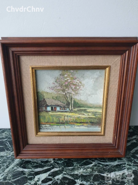 26х26см/малка картина масло върху платно-фазер/пейзаж-къща-дърво-река/дървена рамка, снимка 1