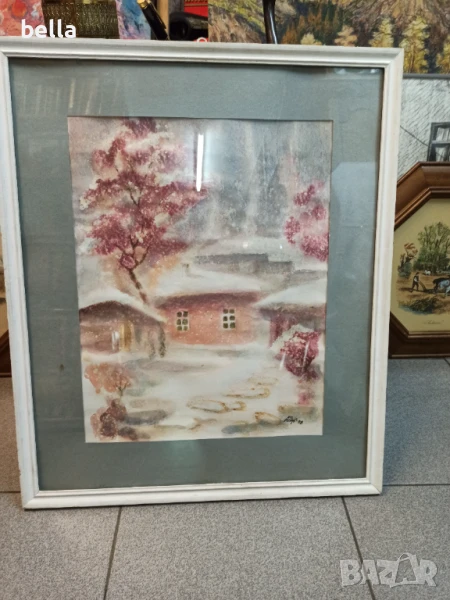 Рамкиран акварел с паспарту на художника Ангел Шарлиев -Първи сняг в Боженци., снимка 1