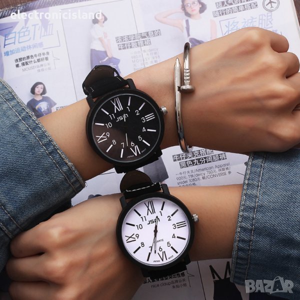 2023  кварцов ръчен часовник с голям дисплей циферблат и кожена каишка, снимка 1