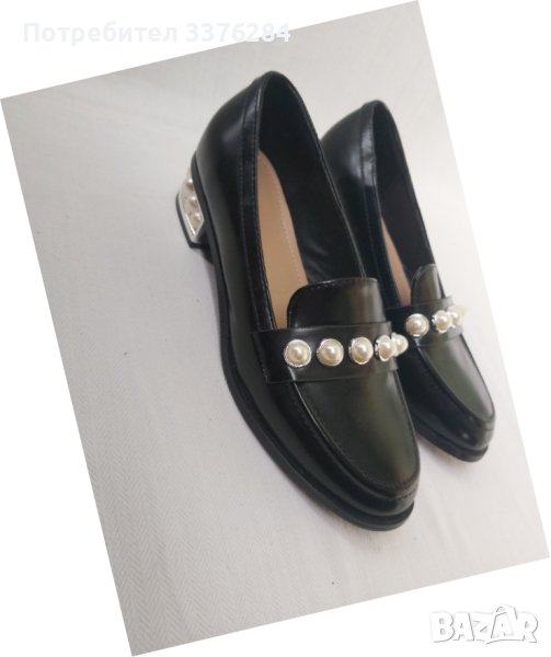 НОВИ Черни кожени елегантни обувки с перли, снимка 1
