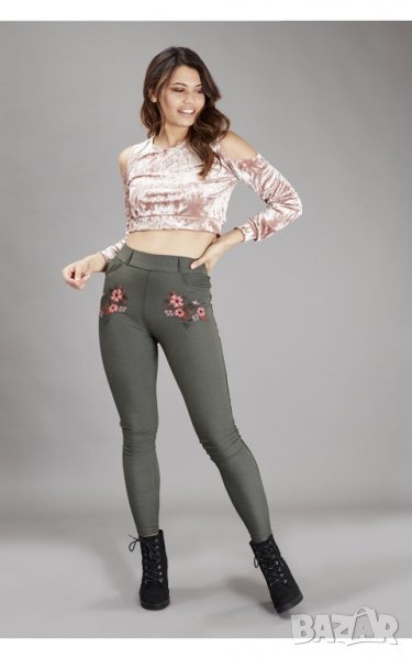 Разпродажба! Дамски клин-панталон маслиново зелен с бродерия цветя, с висока талия, еластичен XS/S/M, снимка 1