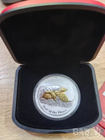 Сребро 1 oz Годината на Мишката 2008 Лунар Австралия  с позлата, снимка 3 - Нумизматика и бонистика - 49268117