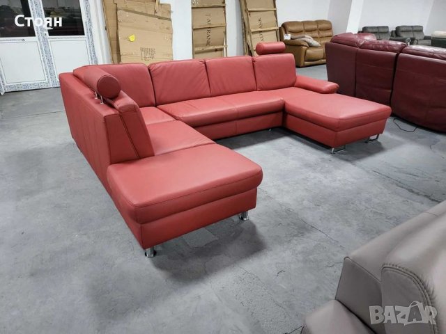 Червен кожен ъглов диван П форма с функция сън "CARO", снимка 8 - Дивани и мека мебел - 39688800