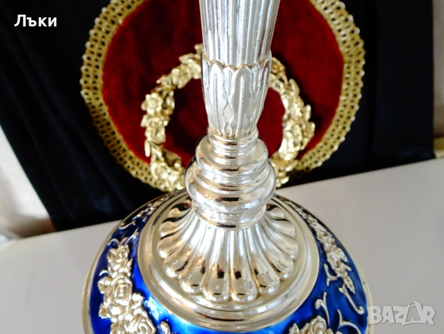 Посребрен троен свещник,рози,кобалт,рококо. , снимка 5 - Антикварни и старинни предмети - 52817267