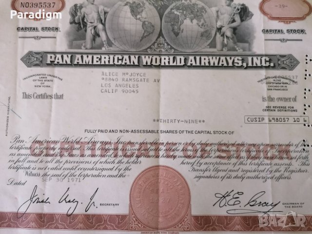 Сертификат за 39 акции | Pan American World Airways | 1971г., снимка 3 - Други ценни предмети - 34641031