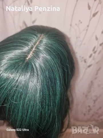 Тъмнозелена перука с бретон за жени  с дължина до раменете. Зелени перуки Къса боб вълнообразна , снимка 6 - Аксесоари за коса - 48856223