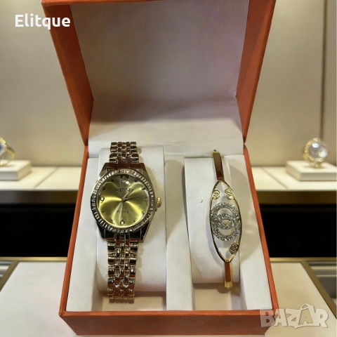 Елегантен дамски комплект: Часовник със златна верижка и камъни + гривна, снимка 5 - Гривни - 53501380