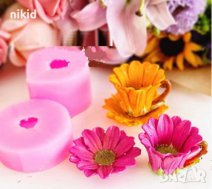 3d сет сервиз чаша и чиния слънчоглед силиконов молд калъп форма фондан гипс смола декор украса