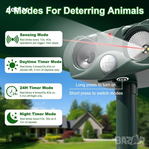 Градински соларен ултразвуков репелент за вредители с мигащи светлини, снимка 6 - Други - 53596317