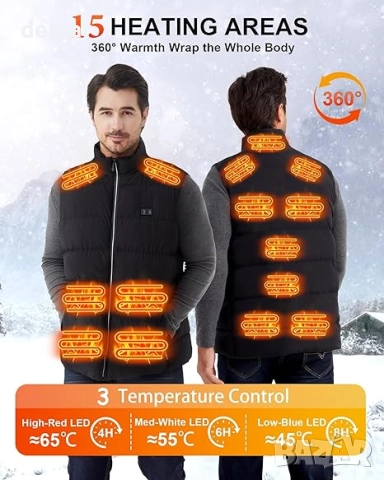 MXYKJO Електрическа отопляема жилетка за мъже, 3 нива, 15 зони, 7.4V 16000mah батерия, снимка 2 - Други - 51544182