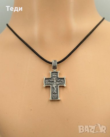 Сребърен двулицев кръст с Христос и Св. Николай Чудотворец, снимка 7 - Колиета, медальони, синджири - 35855376