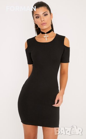 Черна рокля по тялото с отворени рамене 