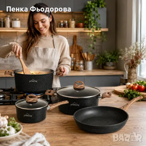 Комплект кухненски съдове с мраморно незалепващо покритие – 3 тенджери с капаци и тиган, снимка 3 - Съдове за готвене - 55927169