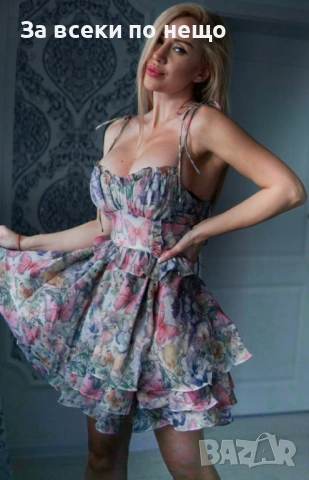 Дамска Къса Елегантна Лятна Рокля С Флорален Принт И Пеперуди Код Roni8, снимка 2 - Рокли - 53806652