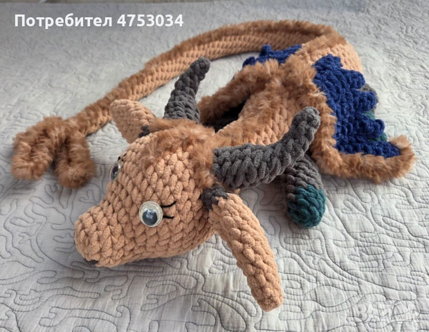 Плетена играчка, голям плюшен дракон, ръчна изработка, снимка 4 - Плюшени играчки - 53684319