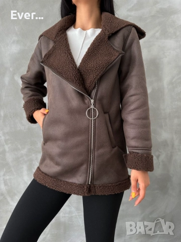 Дамско зимно яке с  цип и яка - Кафяво, снимка 4 - Якета - 52291818