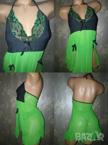 Секси къса нощничка от тюл в зелено и черно L, снимка 1 - Бельо - 42095084
