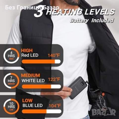 Нов черен Зимен отопляем елек 6 зони + батерия 16000mAh за мъже, снимка 4 - Други - 51689670