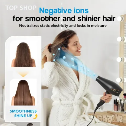 GLAM Сешоар, професионален йонен, мощен променливотоков с дифузер, дюза, концентратор, гребен, черен, снимка 2 - Сешоари - 50159111