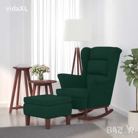 vidaXL Люлеещ се стол с облегалка, тъмнозелен кадифе масивна дървесина, снимка 2 - Столове - 56146573