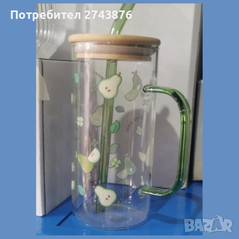 Стъклена чаша огнеупорно стъкло с цветна дръжка, бамбуков капак, стъклена сламка,декор плодове,0.45л, снимка 2 - Чаши - 37221579