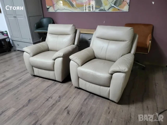 Комплект кремави кожени фотьойли - 2 броя, снимка 3 - Дивани и мека мебел - 50841818