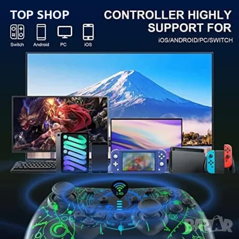 Нов Безжичен Про Контролер джойстик за PC, телефон iPhone, Android, Switch с LED и Турбо, снимка 3 - Аксесоари - 49509666