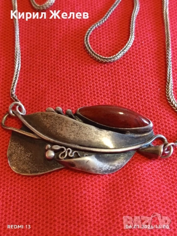 Сребърен ланец с висулка стилизирано листо с инкрустиран Червен Яспис ювелирна изработка 49486, снимка 2 - Колиета, медальони, синджири - 53005361