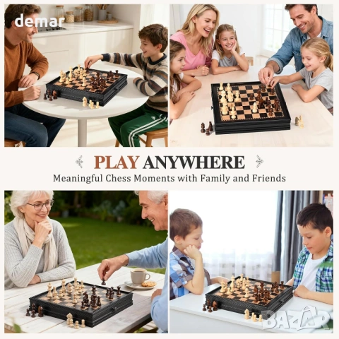 Дървен шахматен комплект магнитен – 2 в 1 шахматна дъска 32 см, 34 фигури Staunton, снимка 8 - Шах и табла - 53827022