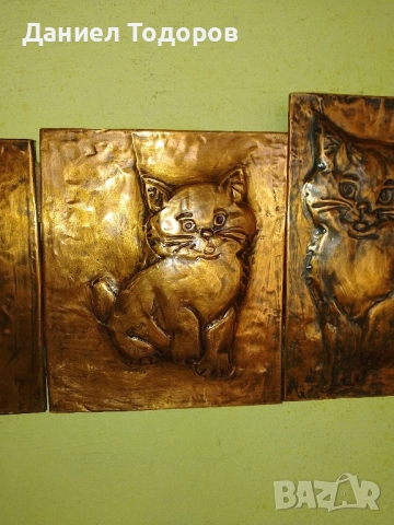 Стара Медна Декоративна Картина , Медно Пано - Котенца , снимка 2 - Картини - 51674292
