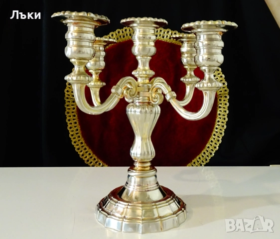 Посребрен свещник петица,1.6 кг.,викториански. , снимка 9 - Антикварни и старинни предмети - 52382080