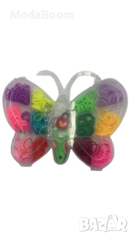 Комплект ластички за плетене на гривни - В кутия с формата на пеперуда 600 броя, снимка 2 - Гривни - 48370251