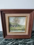 26х26см/малка картина масло върху платно-фазер/пейзаж-къща-дърво-река/дървена рамка, снимка 1