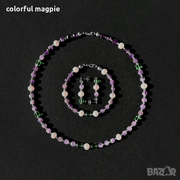Комплект гривна гердан и обеци от естествени перли, аметисти, сваровски swarovski кристали и сребро, снимка 1